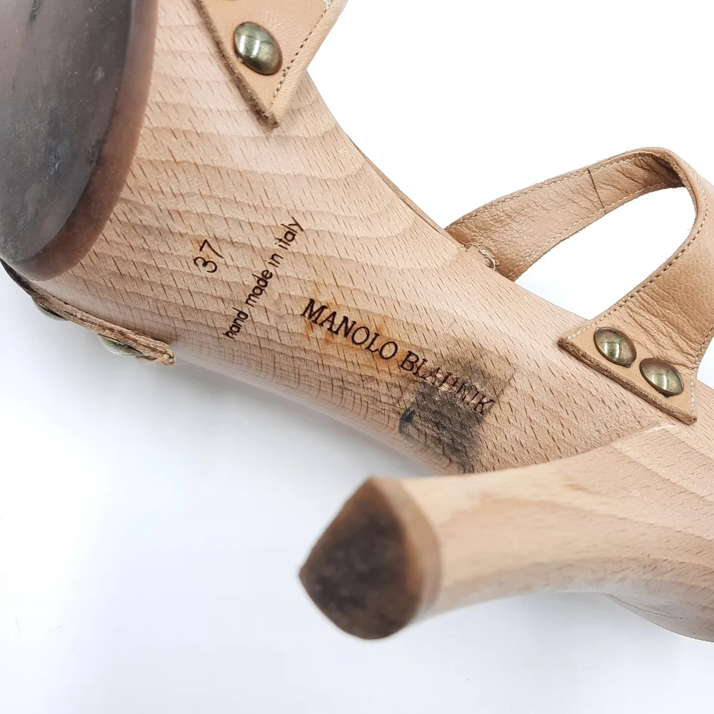 Manolo Blahnik Y2K Wood Platform Sandal Heel Bohemian Coquette 70s Tan 37 EU - Picture 6 of 14